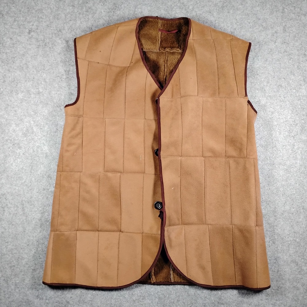 Vintage USSR Ukraine Faux Suede Shearling Vest Tan Brown Button Front Mens M L